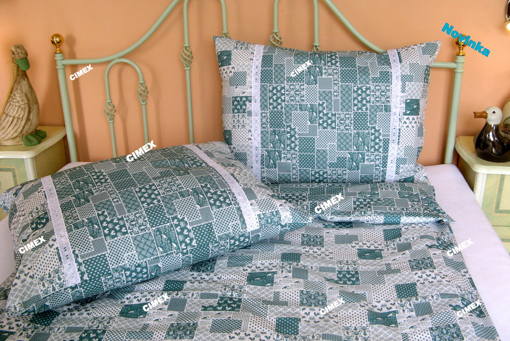 Bavlna kolekce-Zeleno-tyrkysový selský vzor v patchorkovém zdobený štykováním