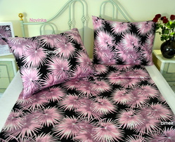 Bavlněný satén prodloužený-palmové listy na fialovo béžové na černém podkladu